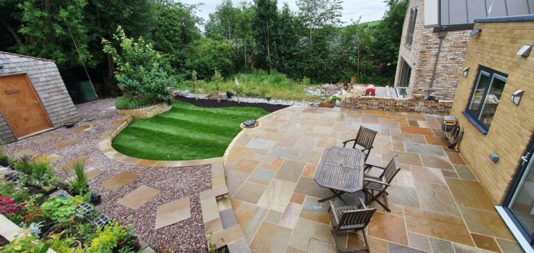 Staybridge Case Study | Indian Sandstone Patio | Small Curved Lawn | Pro Gardens